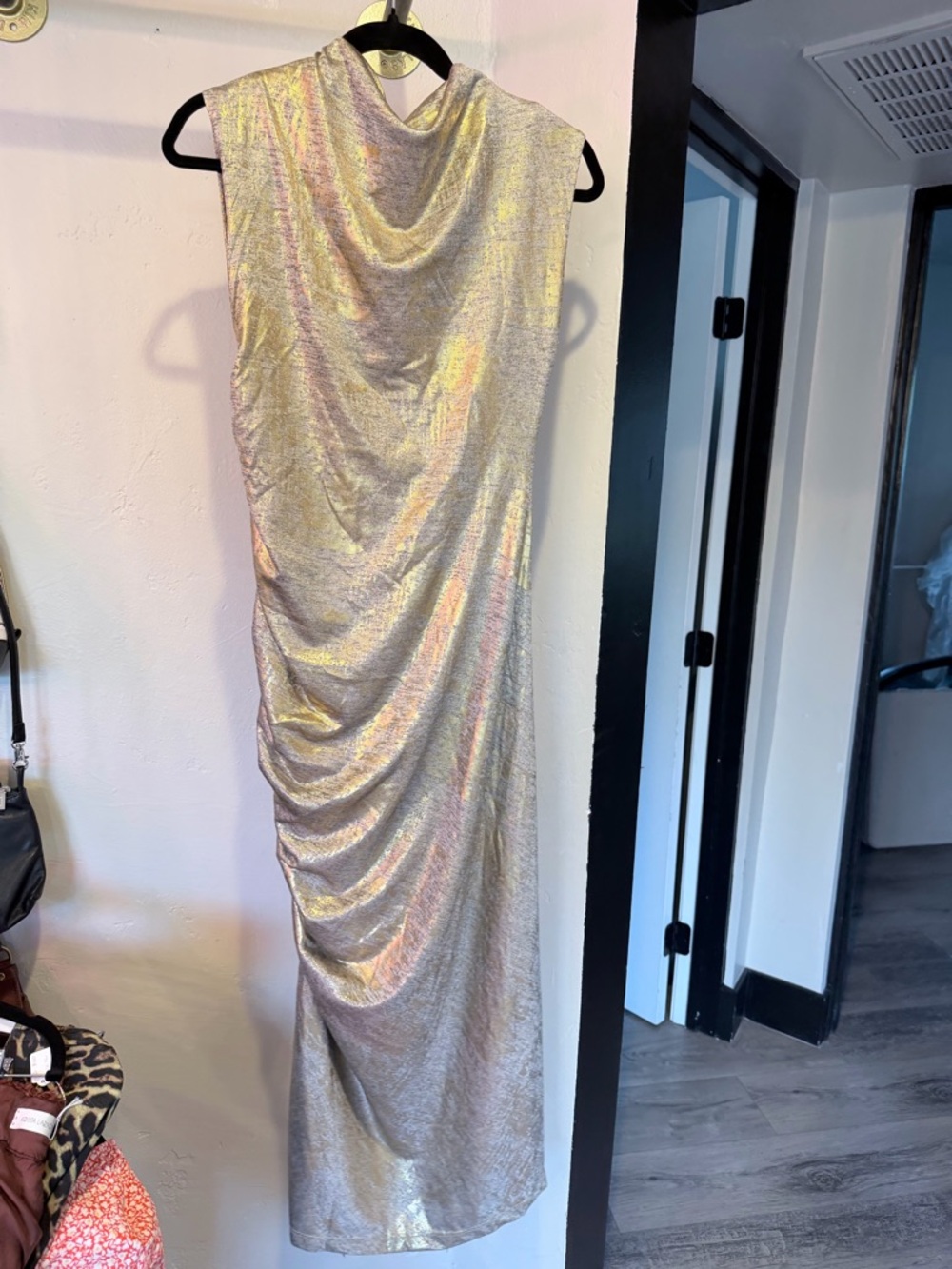 Anthropologie Metallic Drape Maxi Dress - Shimmery Gold